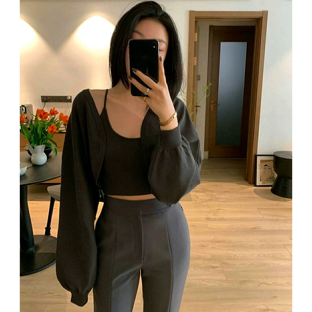 Cardi Lofila + Inner - Cardigan Lengan Gelembung Terbaru - Crop Cardi Wanita - Cardigan Rajut Perempuan