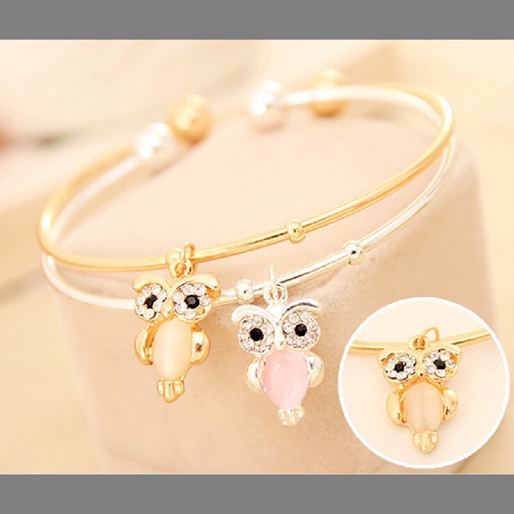 Newbaby Gelang Bangle Cuff Desain Burung Hantu Hias Berlian Imitasi Warna Silver / Gold Untuk Wanita