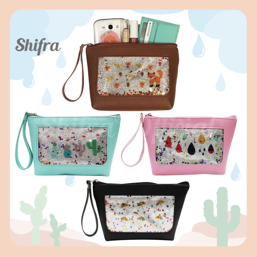 Shifra Tempat Masker Pouch Sanitizer Pouch Kosmetik Make Up Mika Glitter Black Brown Pink Tosca