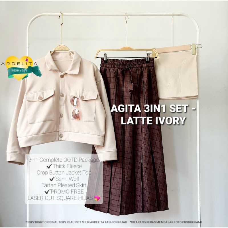 PROMO FREE JILBAB ORI 100% REAL PICT AGITA 3IN1 SET BAJU SETELAN WANITA HIJAB LEBARAN 2022 OOTD SELEGRAM BAJU VIRAL KEKINIAN MODEL TERBARU SETELAN UNTUK WANITA REMAJA-AGITA - LATTE IVORY