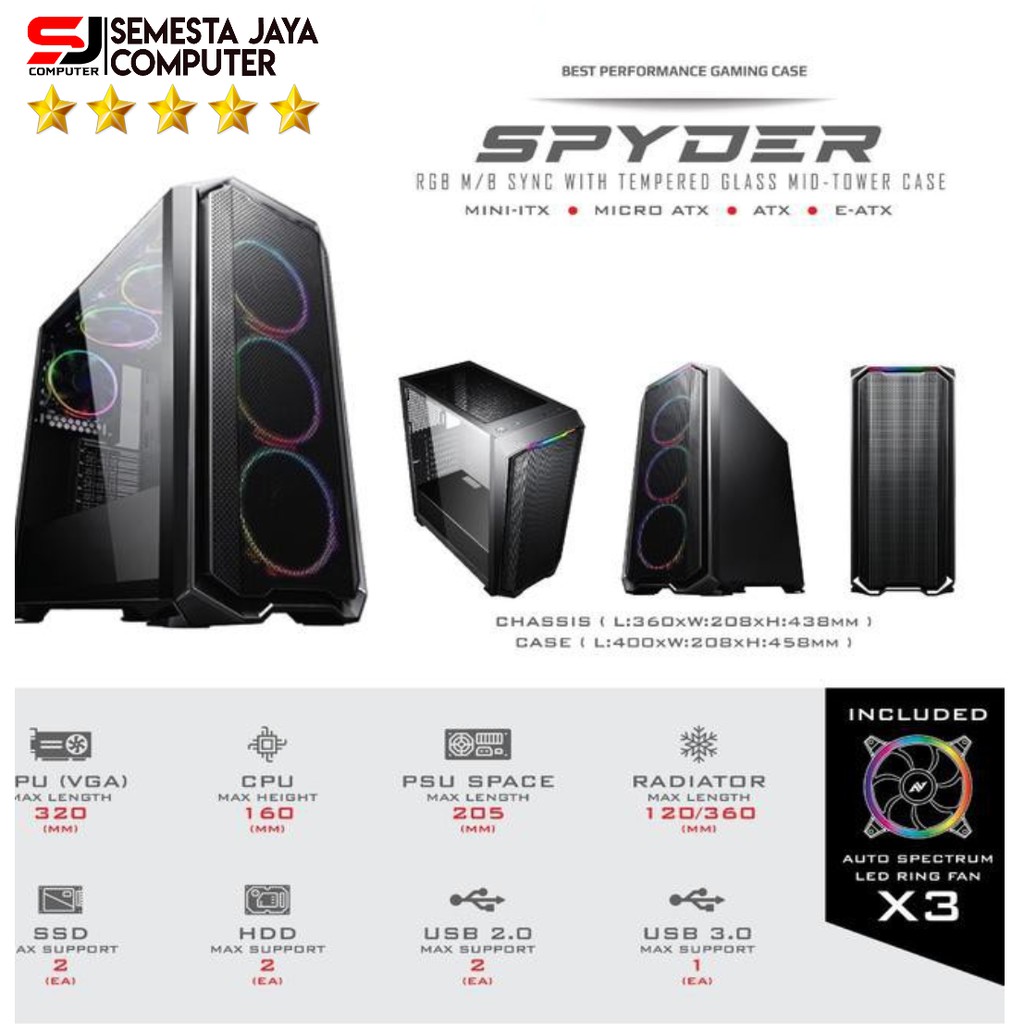 CASING SPYDER - E-ATX | RGB LED + 3 Fan AutoRing | Temper