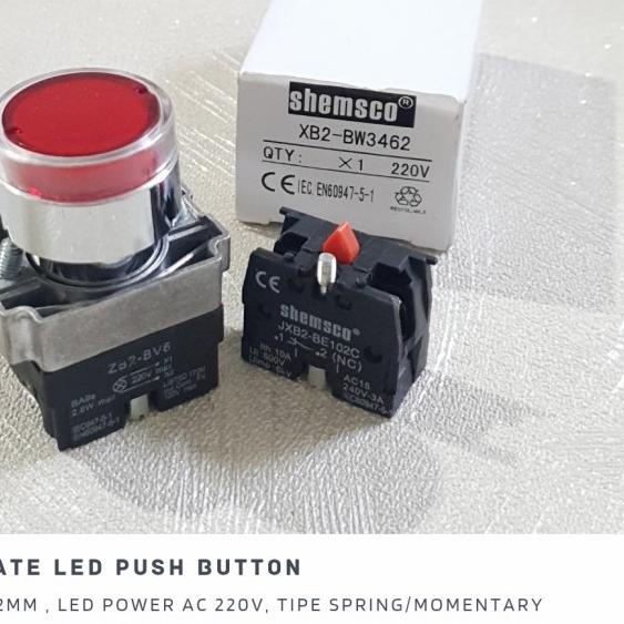 22mm LED AC 220v Push Button XB2-BW Shemsco Tombol Switch Illuminate - Hijau