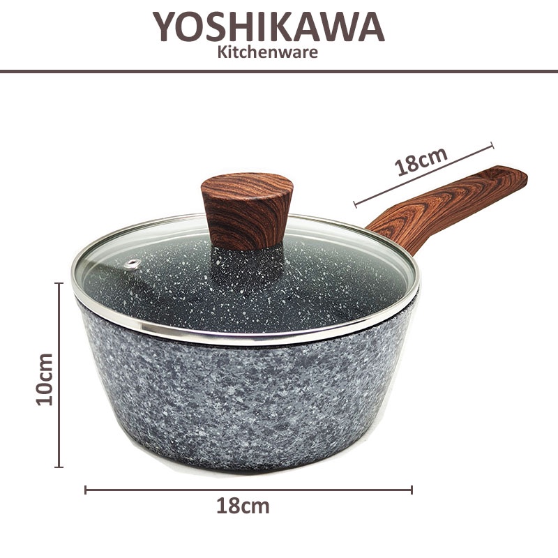 Yoshikawa Sauce Pan Ceramic Marble 18cm + Tutup Kaca | Panci Keramik Anti Lengket Mpasi Anak Bayi | 