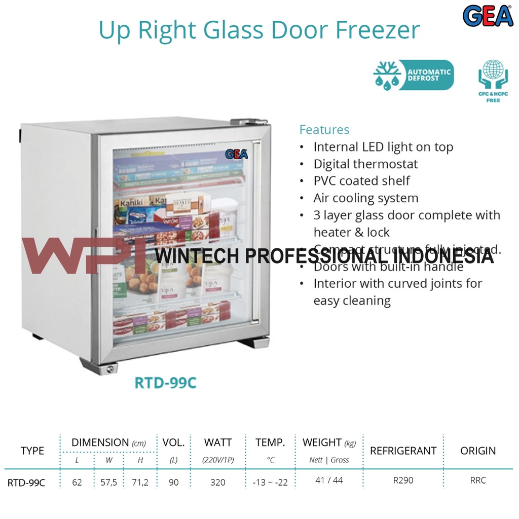 Gea RTD-99C Mini Upright Glass Door Freezer Premium Ice Cream Display - Freezer Berdiri Pintu Kaca / Freezer Pemajang Es Krim