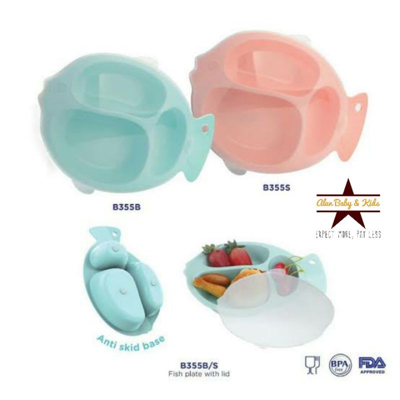 Baby Safe B355 Fish Divided Plate with transparent lid / Piring tempat Makan Bayi