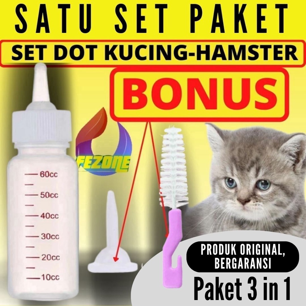 SET PAKET BABY CAT : Dot Kucing + Sikat Plus Cadangan Refil 60ml Cocok Untuk Bayi Kucing Bahan Tidak Beracun FEZONE