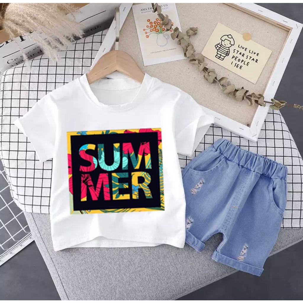 SETELAN BAJU TRENDY CELANA JEANS BAYI ANAK UNISEX MOTIF SUMMER DENIM 6 BULAN-5 TAHUN TERBARU TERLARIS BEST QUALITY/ SETELAN BAJU TRENDY CELANA JEANS BAYI ANAK LAKI-LAKI/ SETELAN BAJU TRENDY CELANA JEANS BAYI ANAK PEREMPUAN/ FASHION BAJU DENIM ANAK