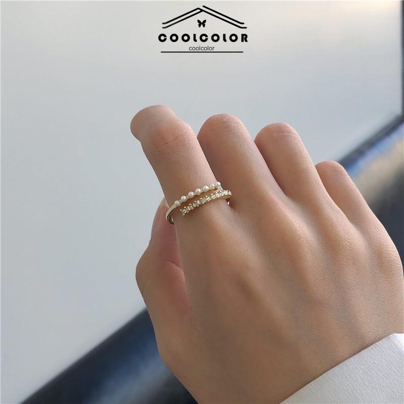 COD Cincin Mutiara Berlian Sederhana Manik-Manik Unik Gaya Retro Untuk Wanita Cincin Jari Telunjuk yang Dipersonalisasi Fashion Accessories