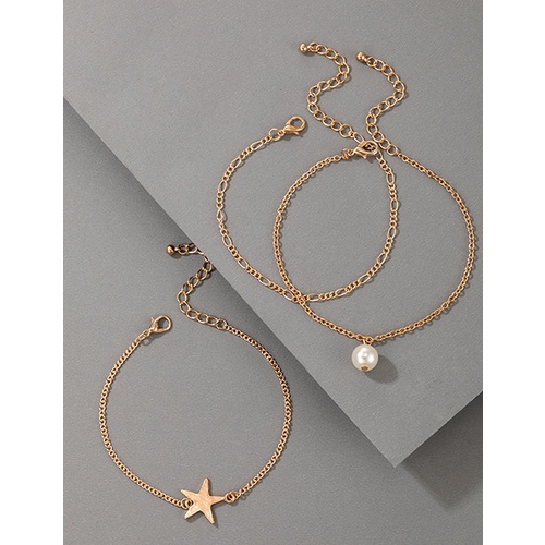 LRC Gelang Kaki Fashion Golden Star Pearl Anklet Set V81362