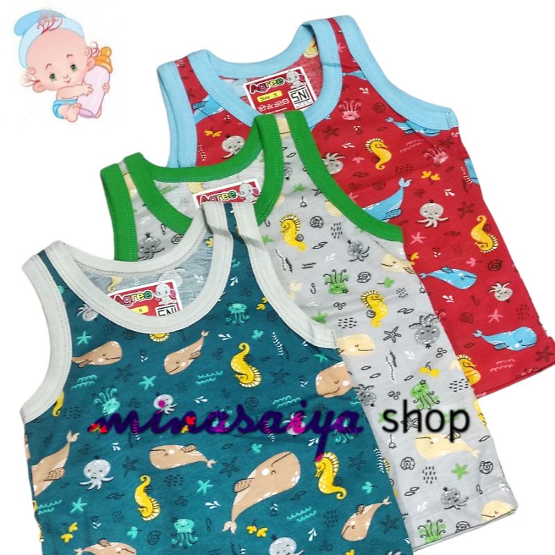 AGREE KIDS 3 pcs Singlet Kaos Dalam Bayi SNI Kaos Kutung Lengan Buntung Bayi Print Warna Uk. S - XL