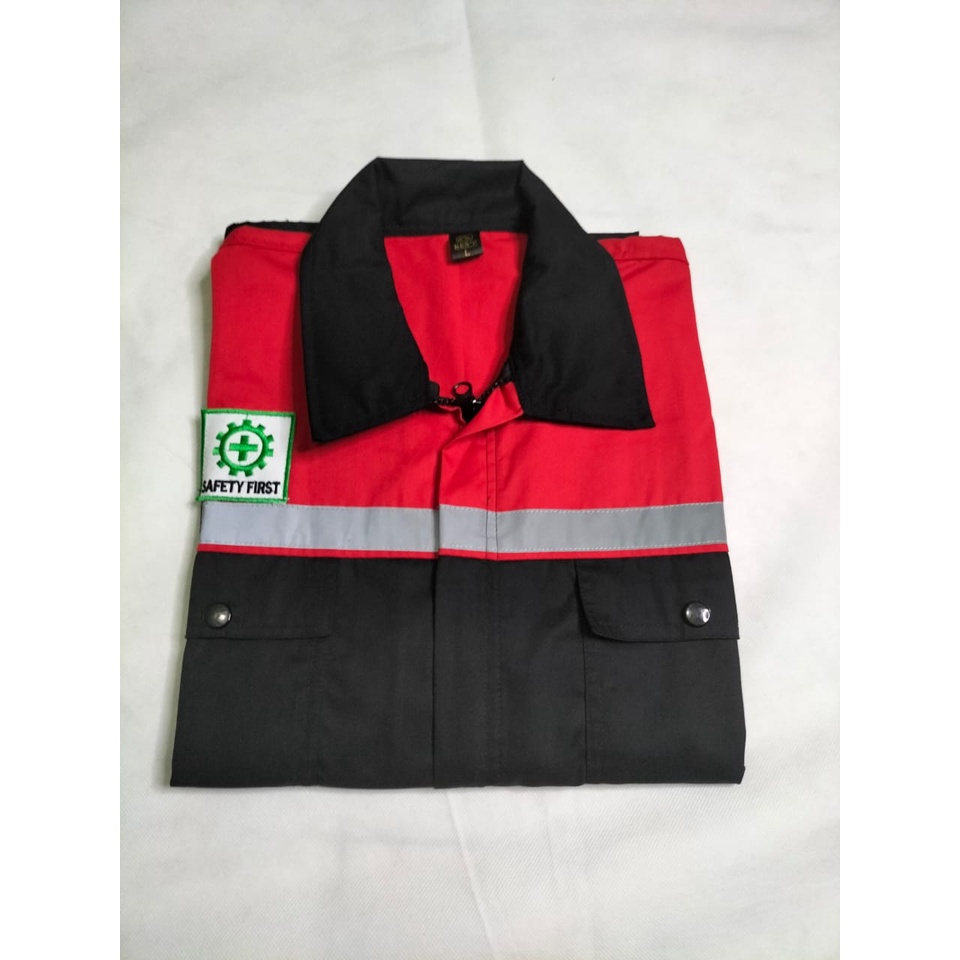 Baju Safety Wearpack Lengan Panjang | Baju Proyek Atasan Hitam-Merah