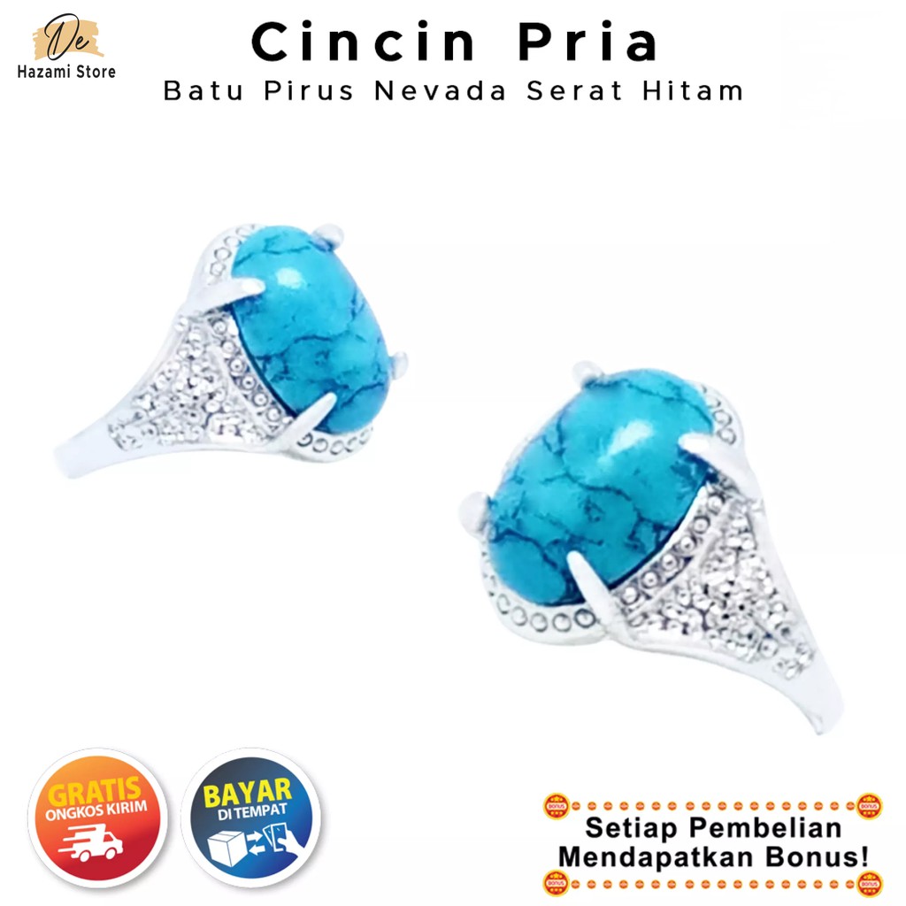 BISA COD Cincin Pria Batu Akik Pirus Nevada Biru Keren Korea Mewah Elegan Terbaru