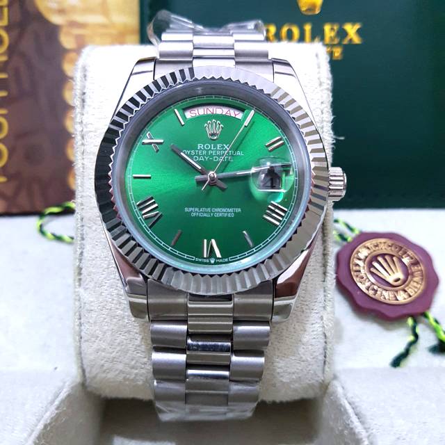 JAM TANGAN PRIA MEREK ROLEX DAY DATE GREEN DIAL AUTOMATIC FULL SET BOX ORIGINAL