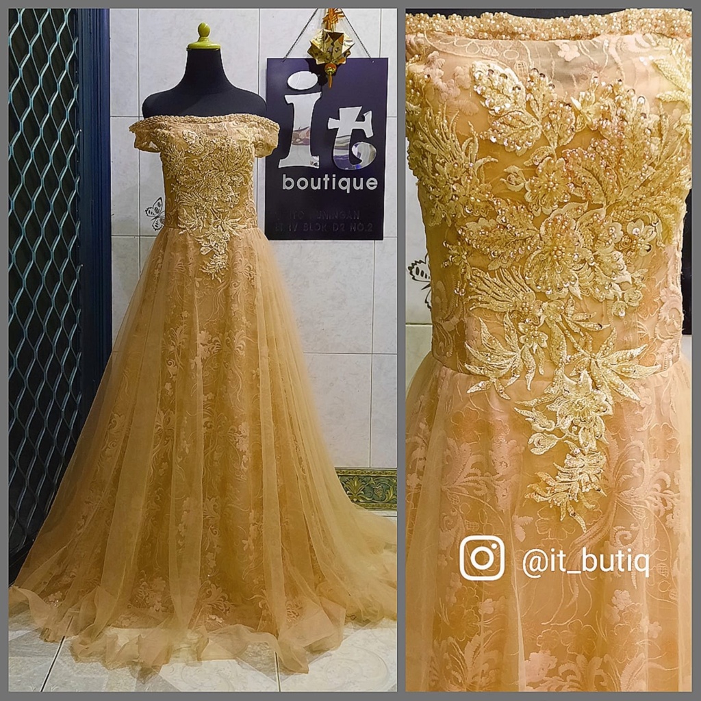 Longdress Sabrina gold pink peach - Gaun bridal pesta prewedding FIO09