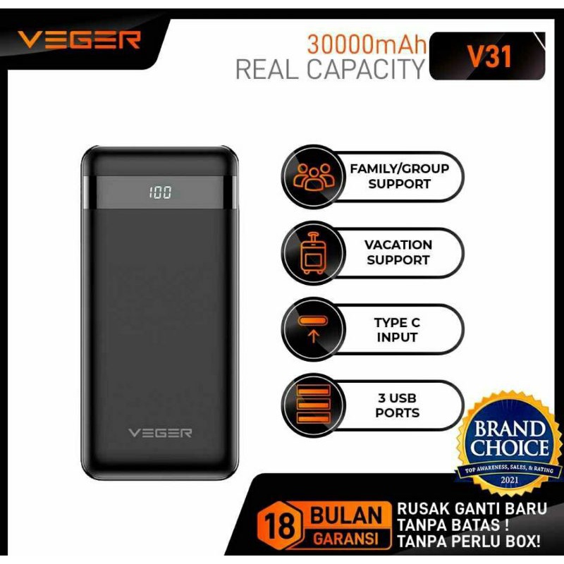 POWERBANK VEGER LED DISPLAY V31 30000MAH 2.4A