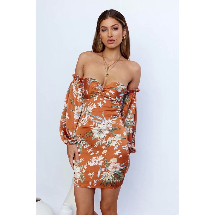 Dress casual import Orange Off Shoulder korea style