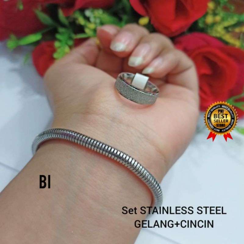 Fourfashion Set Gelang+Cincin Dewasa/Unisex Silver Stainless Stell PD040