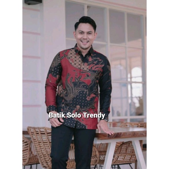 MOTIF KAWUNG MERAH KEMEJA BATIK / BAJU BATIK LENGAN PANJANG KAIN HALUS MURAH LAPIS FURING