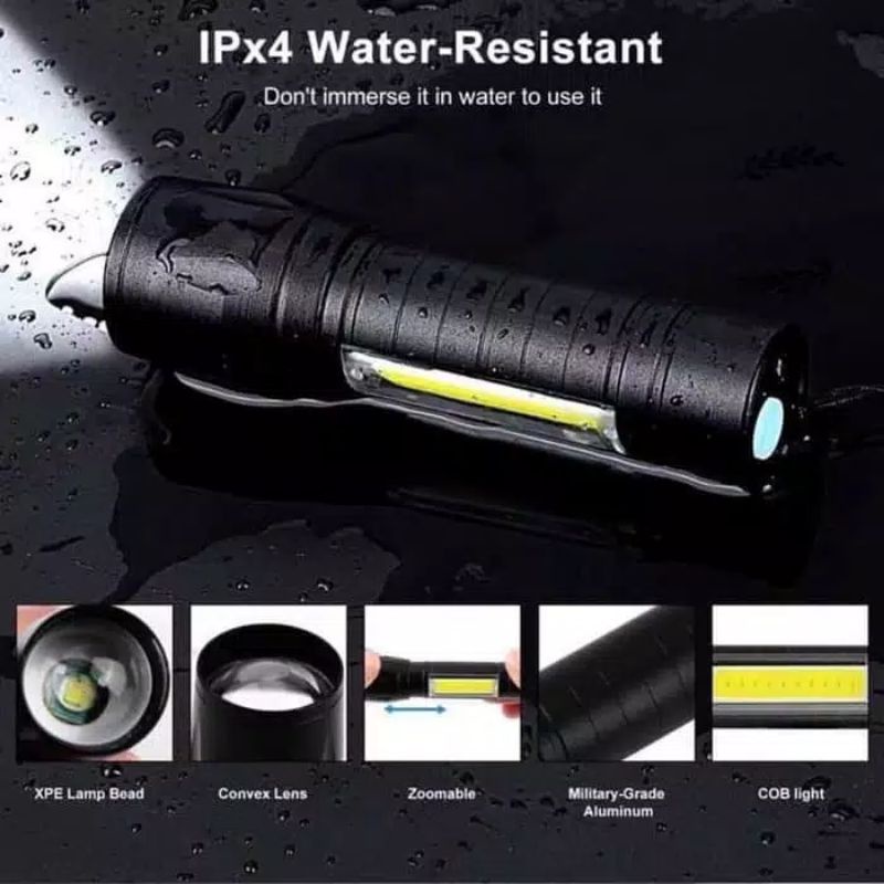 Senter Polisi LED Swatt XPE COB light mini anti air waterproof hemat energi recharge super terang