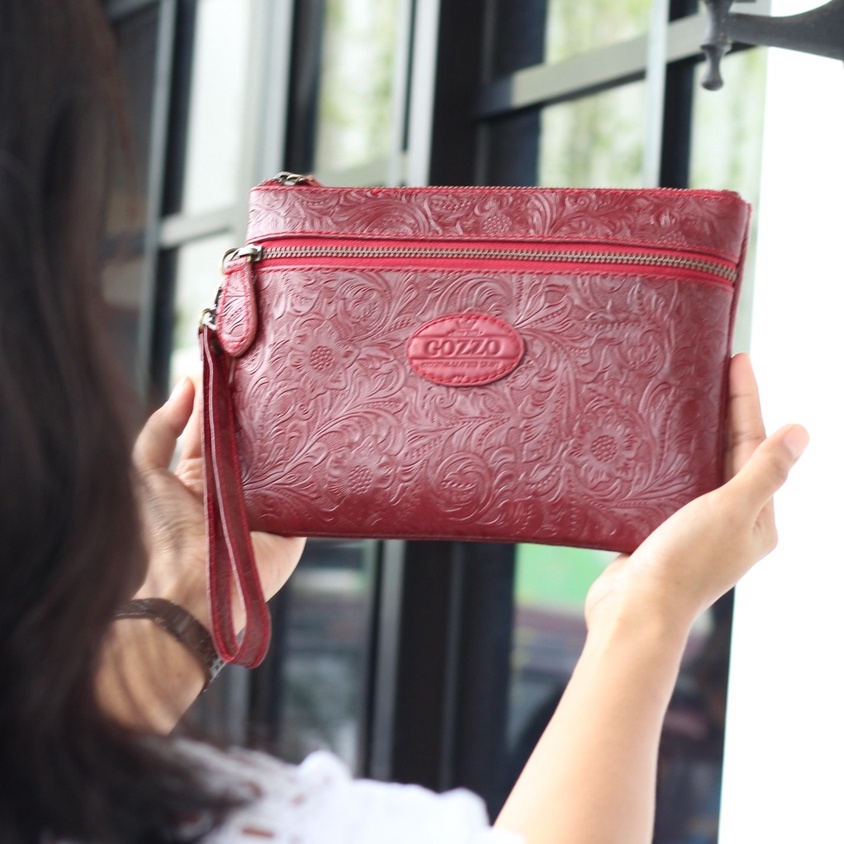 CLUTCH WANITA KULIT SAPI PULL UP ASLI LAILY DOUBLE ZIPPER BATIK MAROON / FREE GRAVIR NAMA