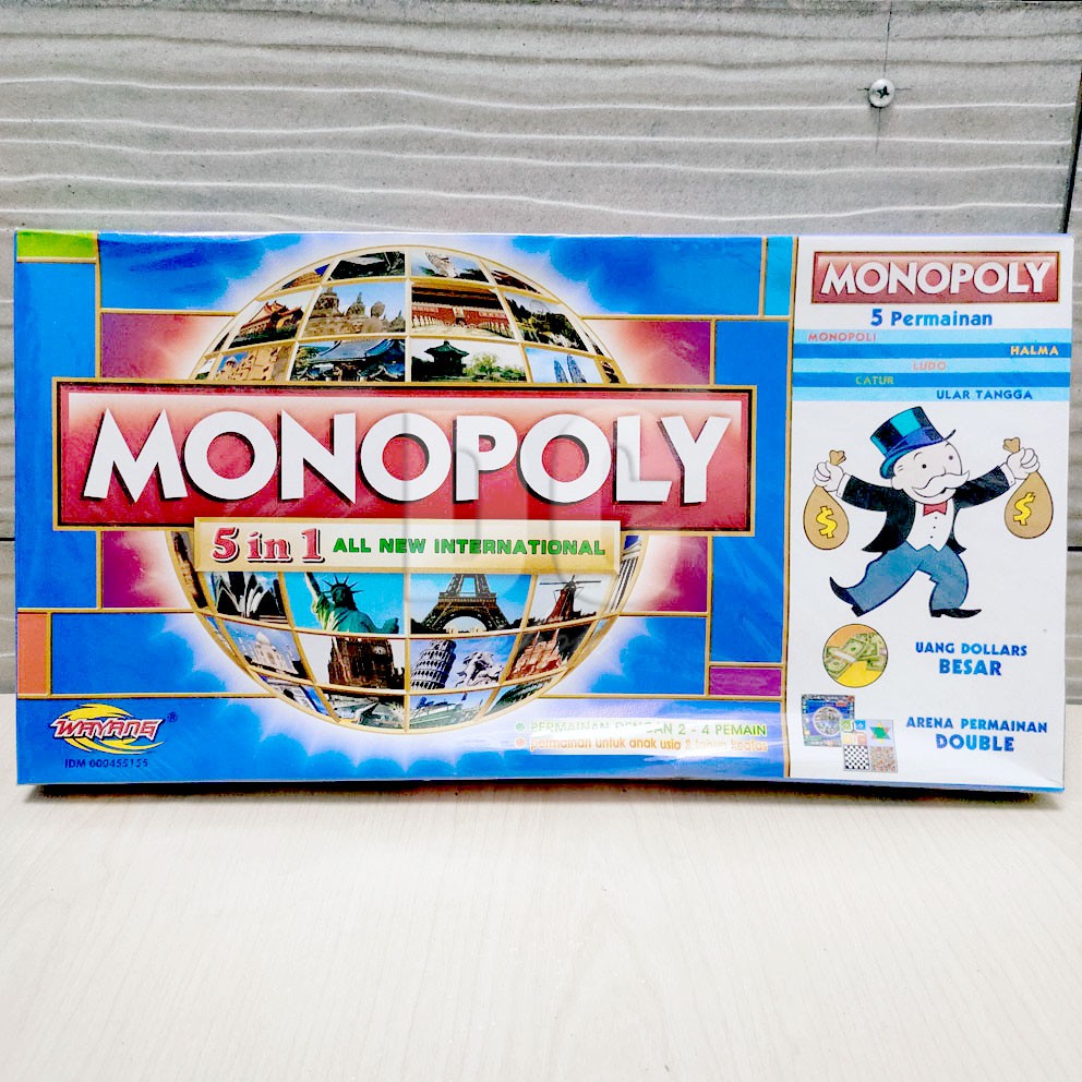 Monopoly 5in1 Permainan Monopoli Halma Ludo Catur Ular Tangga Bola Dunia Globe Candi Borobudur