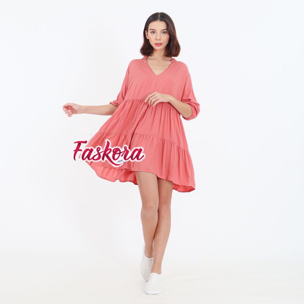 Basic Dress Rayon Pixy Ruffle Hamil Jumbo Wanita Pendek Polos Lengan Panjang Polkadot