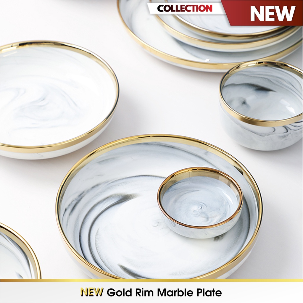 IMPERFECT Piring Mangkok Makan Keramik Ceramic Bowl Cantik Motif Marmer Marbel Marble Plate Gold Rim