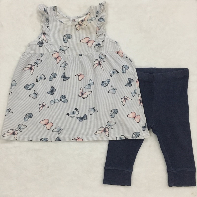 H&M BABY KIDS ORIGINAL BLOUSE T-SHIRT DRESS & LEGGING NEXT SET BLUE BUTTERFLY 6-9M Baju Setelan Kaos