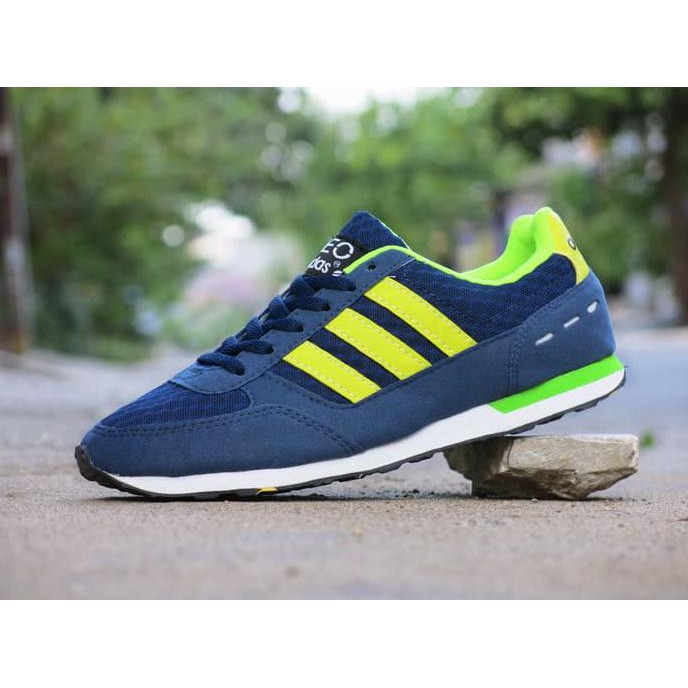 Sepatu Sport Adidas Neo City Racer Biru Stabilo / Casual Jogging