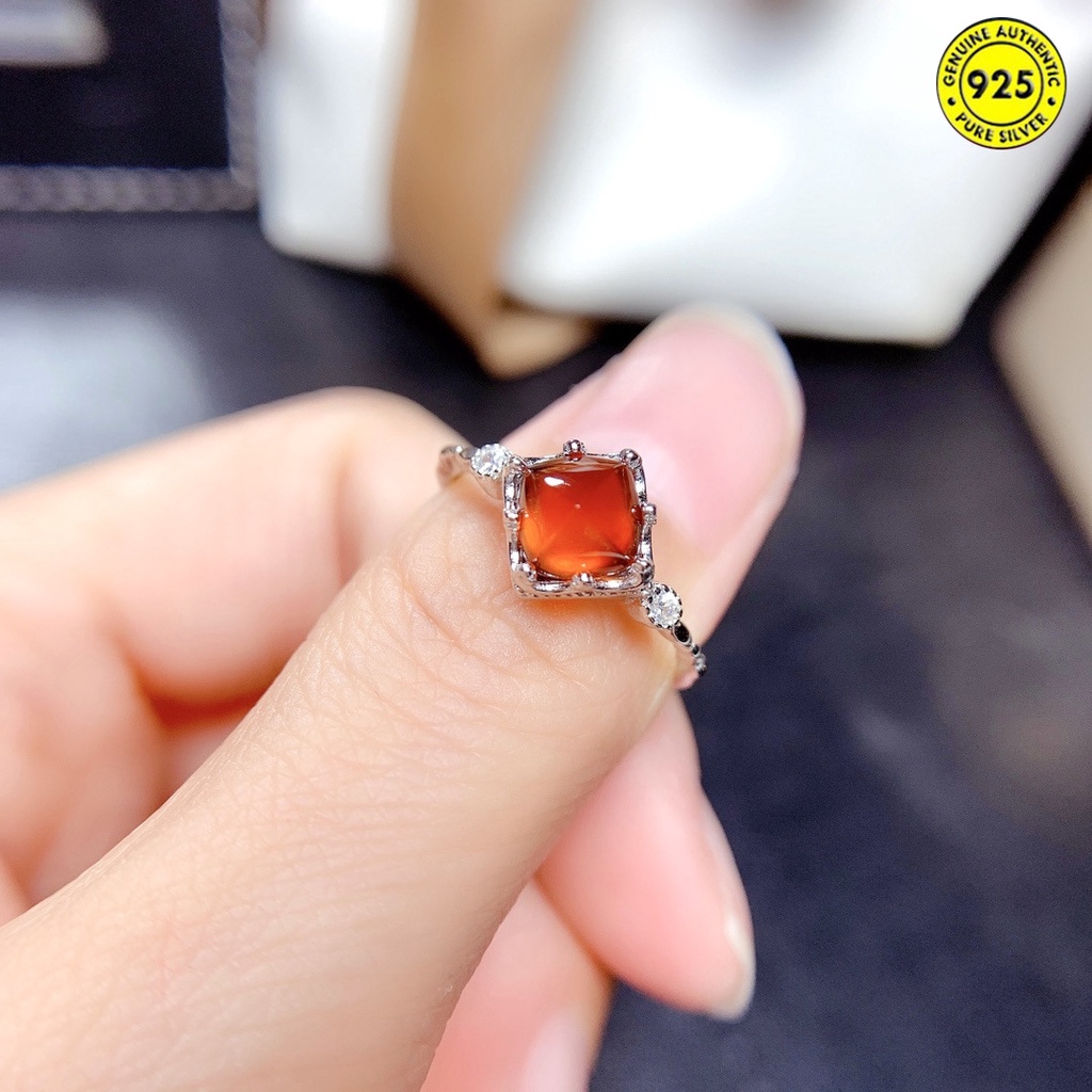 Cincin Model Terbuka Desain Batu Permata Garnet Alami Warna Oranye Kuning Untuk Wanita