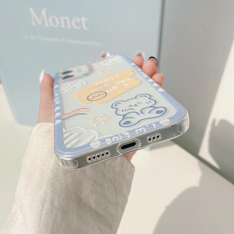 Case Iphone 13 Pro Soft Case Bear Blue Aesthetic TPU Korean Style Case Anti Crack Teddy I'm Fine