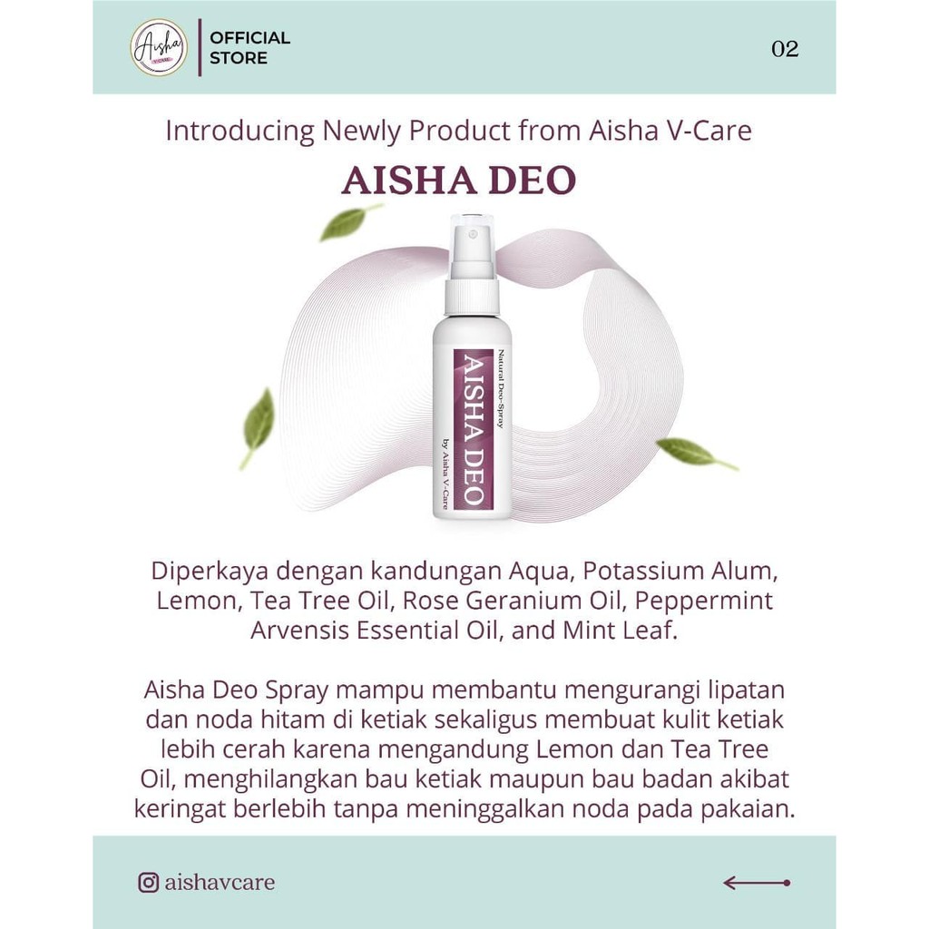 (BUY 1 GET 1) AISHA DEO SPRAY | AISHA V CARE | DEODORAN HERBAL MULTI FUNGSI | SAY GOODBYE TO IRITASI, NODA, DAN BAU KETIAK