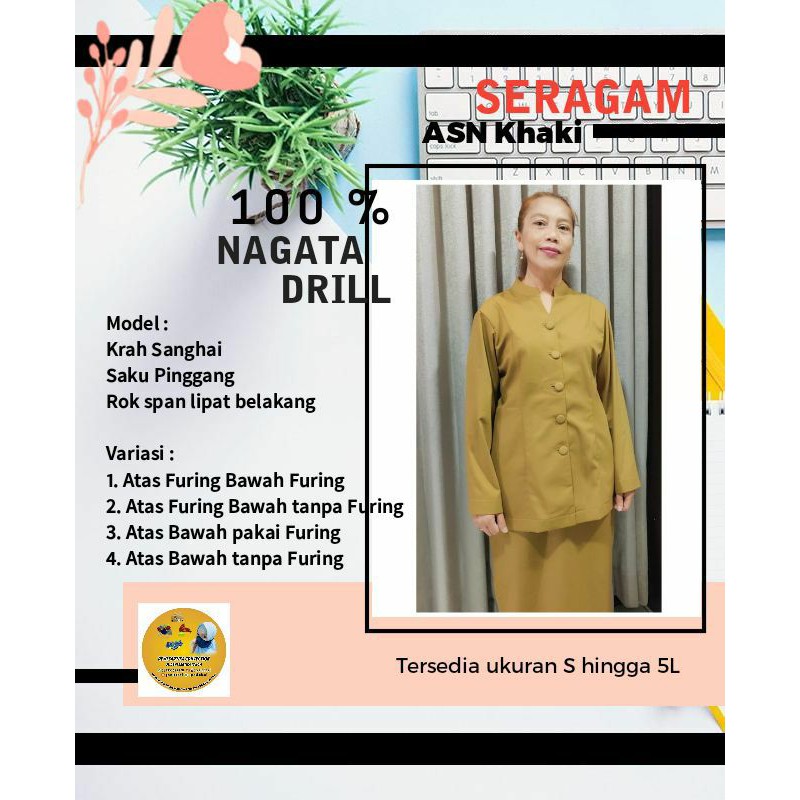 Setelan seragam ASN Kheki Krah Sanghai berbagai bahan (Baju rok tanpa furing)