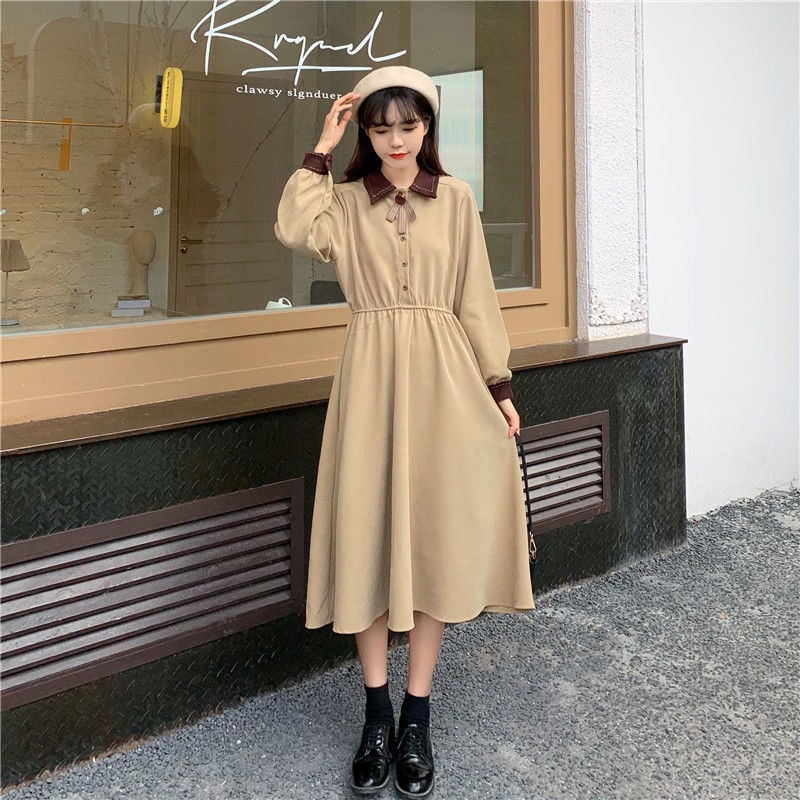 dress korea style/ Casual dres wanita retro rok a-line mid-length lengan panjang kerah POLO/baju wanita/ baju kore/ pakaian korea