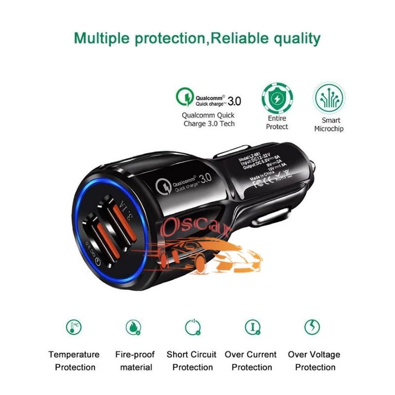 Car Charger Colokan Mobil 2 Ports QC3.0 3.1A  Qualcomm Black White