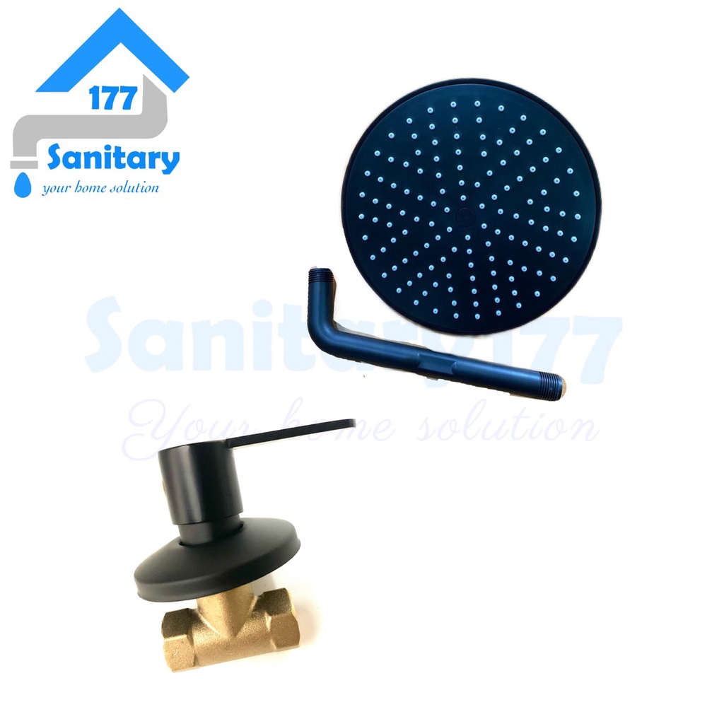 Paket bundling Shower Tembok 8in Hitam F22B &amp; valve stop kran hitam vc brass-wall shower black complete set