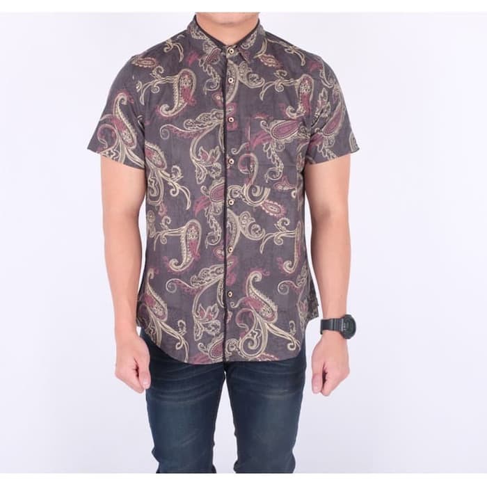 baju batik songket brown slimfit / kemeja pria batik lengan pendek - Putih, M