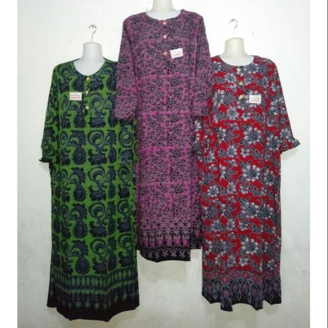 Daster muslim kencana ungu cetak lebel biru