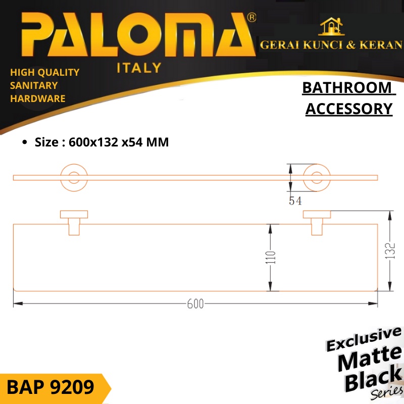 PALOMA BAP 9209 Rak Kaca Tempat Sabun Glass Shelf Dinding Kamar Mandi Hitam black