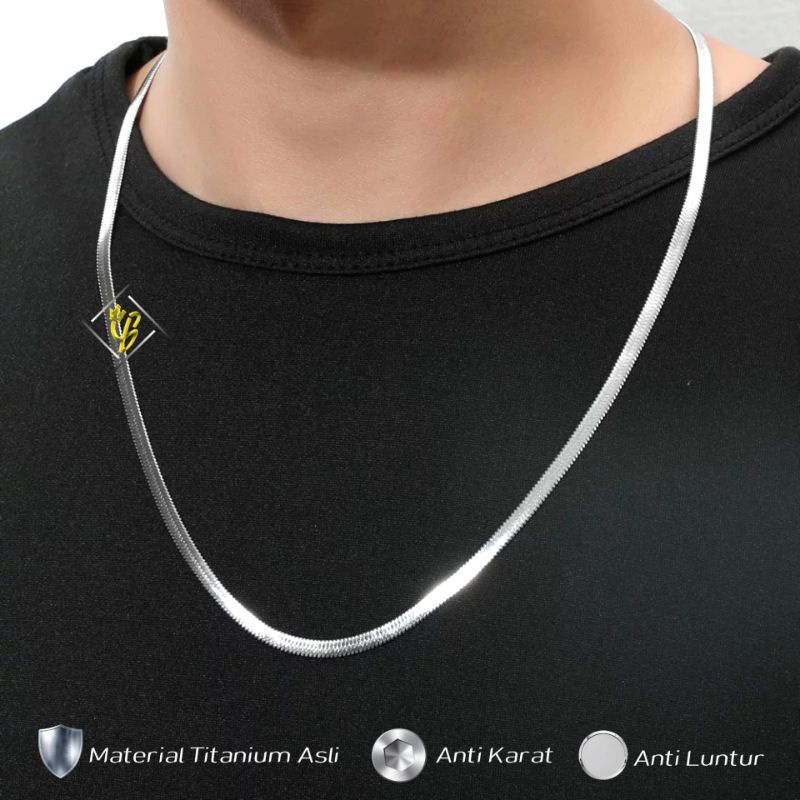 Kalung Titanium Pria Anti Karat Warna Silver Perak Emas Putih Cowok Asli Rantai Rante Keren Flat K 0