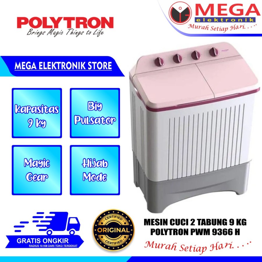 MESIN CUCI 2 TABUNG POLYTRON PWM-9366H / PWM 9366 H HIJAB SERIES KAPASIAS 9 KG