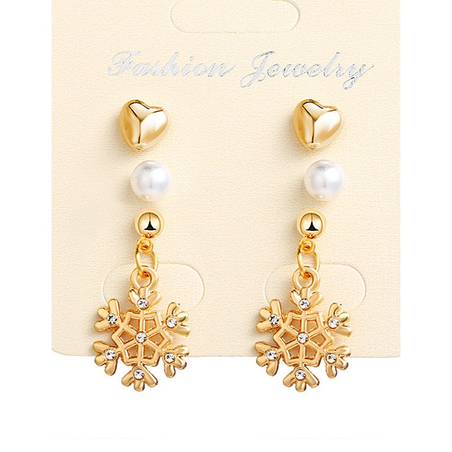 LRC Anting Tusuk Fashion Gold Diamond Snowflake Love Pearl Stud Earrings 3 Pairs D16225