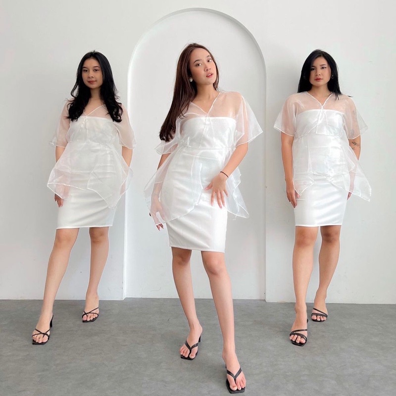 May organza dress pesta formal midi putih hitam casual party elegant scuba