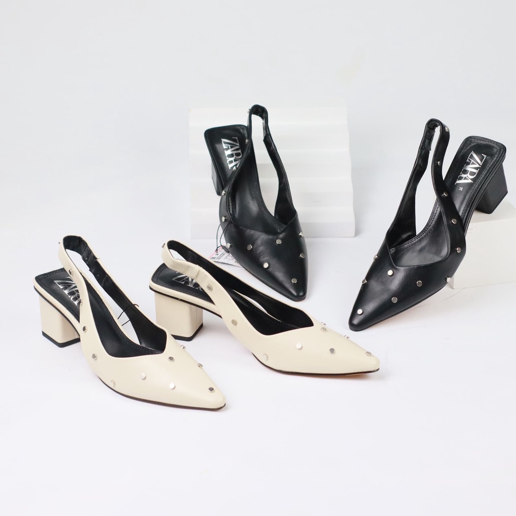 [7.7 Boombastis Sale⚡] - SEPATU SHOES WANITA ZS292 STUDDED LEATHER SLINGBACK HEELS PREMIUM IMPORT