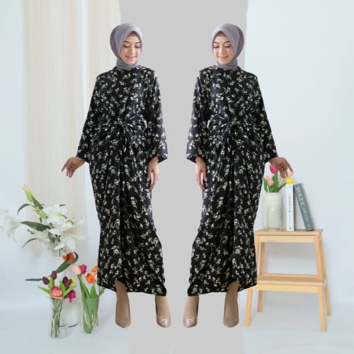 Kaftan Kondangan Wanita Lebaran Terbaru Kekinian Mewah 2023 Bahan Silky Velvet Hitam Motif Premium D