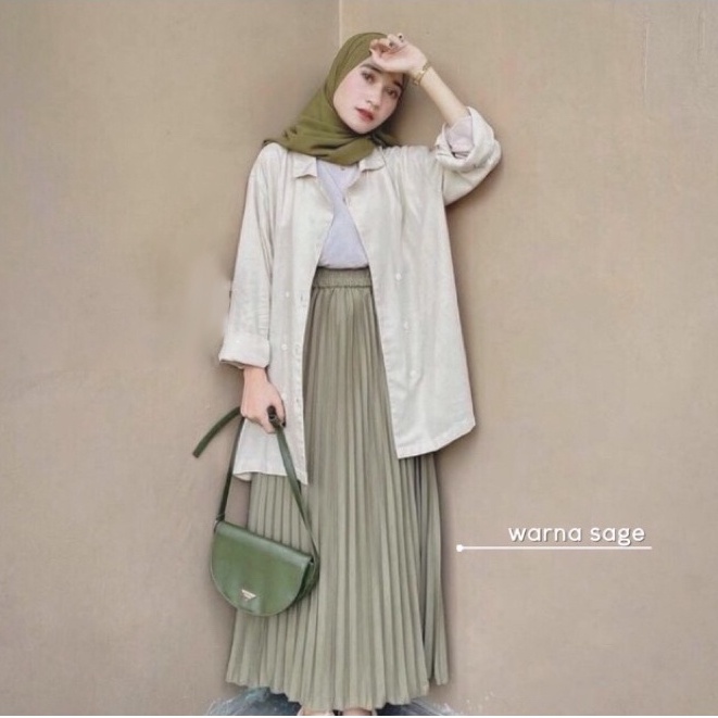 ROK PLISKET MURAH PRISKET PLEATED SALE POLOS REMPEL MUSLIMAH SKIRT ABG FLARE SKIRT MAYUNG FLOWY-SAGE