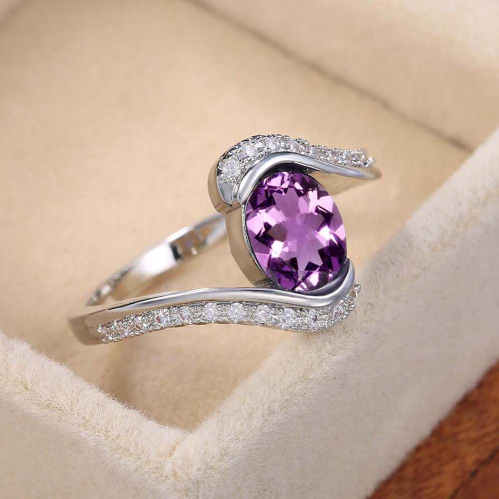 Cincin S925 Perak Sterling Lonjong Ungu Zirkon Berlian Batu Asli Pernikahan Ring Perhiasan Fashion