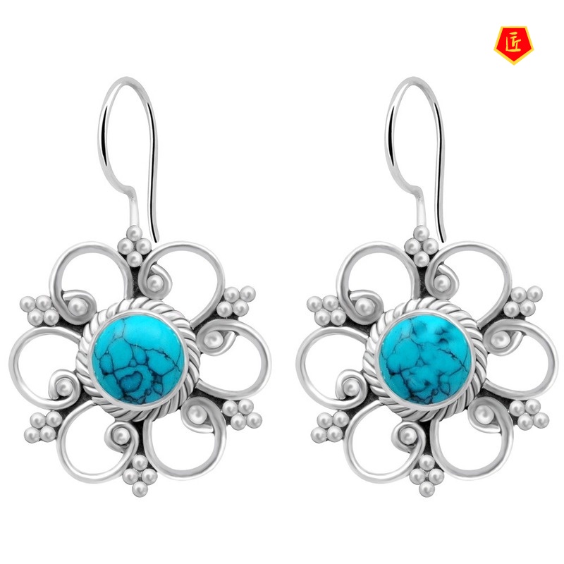 [Ready Stock]Vintage Inlaid Turquoise Flower Earrings