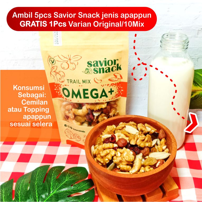 

SAVIOR SNACK OMEGA+ TRAIL MIX SUPLEMEN CEMILAN, VITAMIN MAKANAN SEHAT, KACANG & BUAH KERING ASLI TINGGI NUTRISI