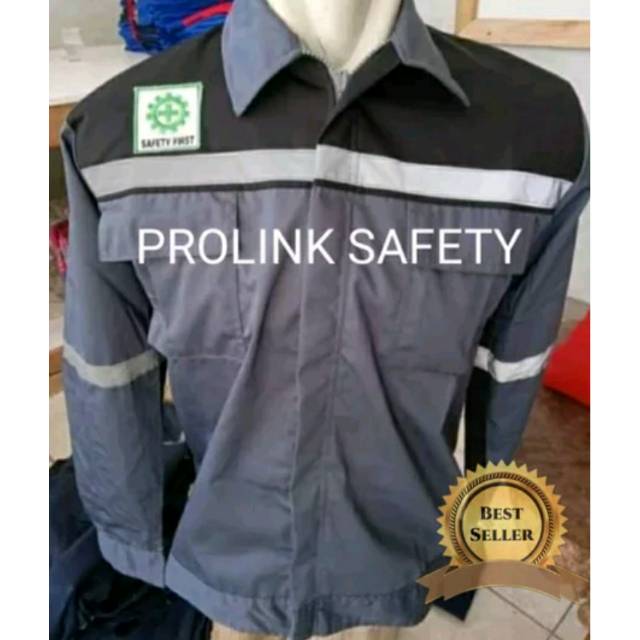 SERAGAM BAJU SAFETY ABU ABU KOMBINASI HITAM RESLETING BAHAN KAIN AMERICA DRILL